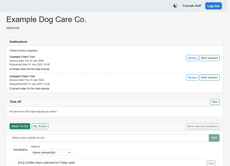 Web dashboard with schedule, requests, and tasks — sanitized example