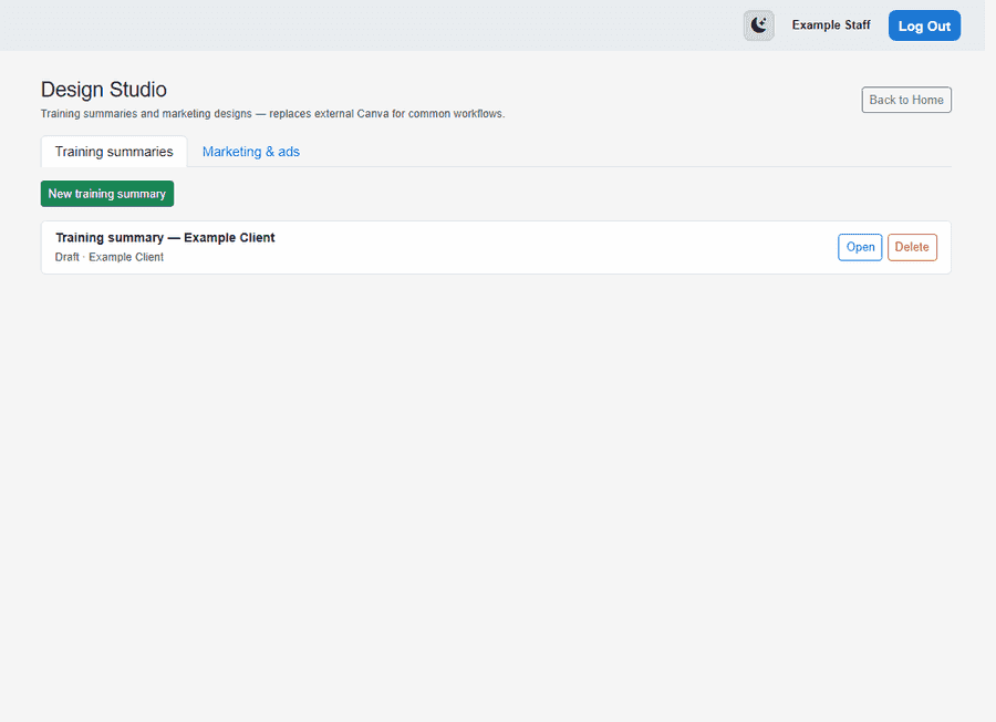 Design Studio hub with training summaries list — sanitized example