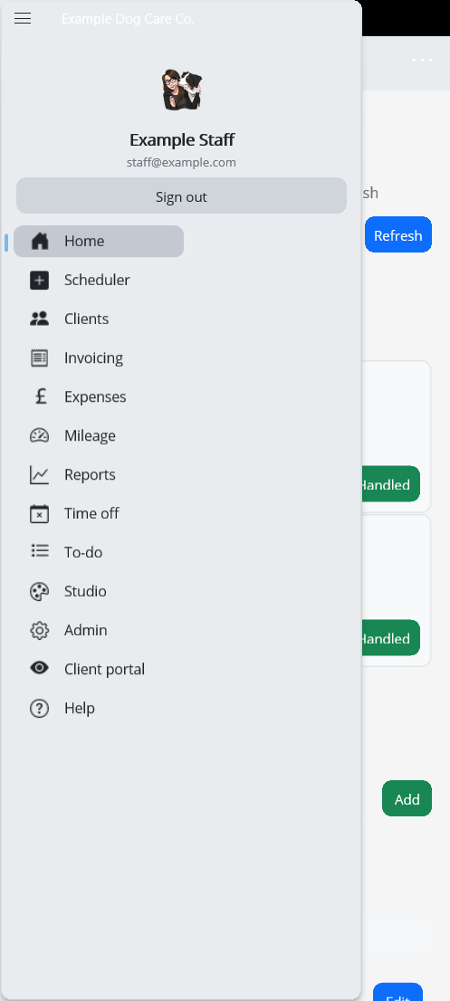 Mobile app navigation menu — sanitized example