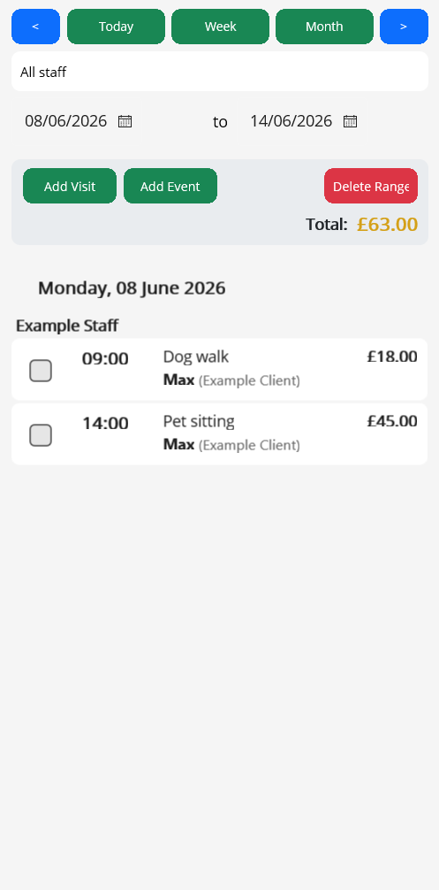 Mobile weekly schedule — sanitized example