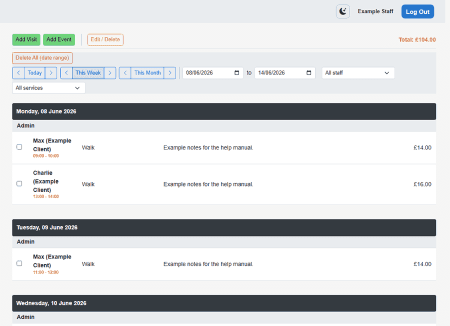 Schedule grid with staff visits — sanitized example