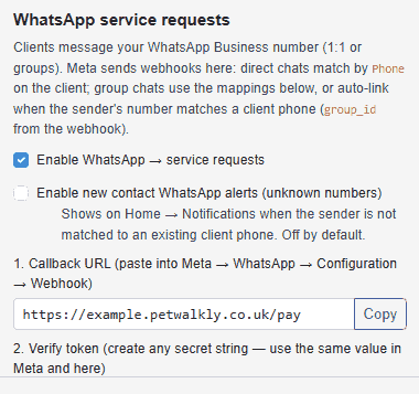 WhatsApp service request settings in company admin — enable webhooks and alerts