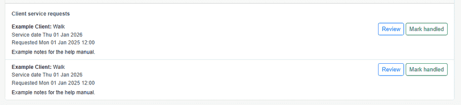 Service requests from WhatsApp on PetWalkly home — sanitized example